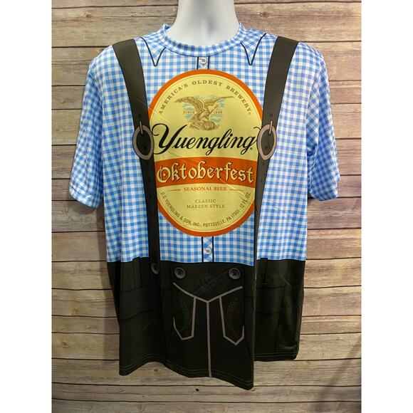 Yuengling Oktoberfest T-Shirt Size L Brown Plaid Suspender Graphic Beer - Picture 1 of 9